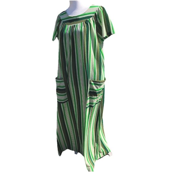 Vtg 70s Green Striped Maxi Acetate Nylon Dress USA Women’s S Mod Boho Hippie HTF - Picture 1 of 16